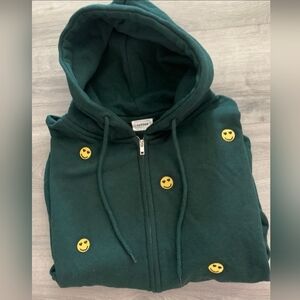 Dark Green Zip Hoodie with Yellow Smiley Patches